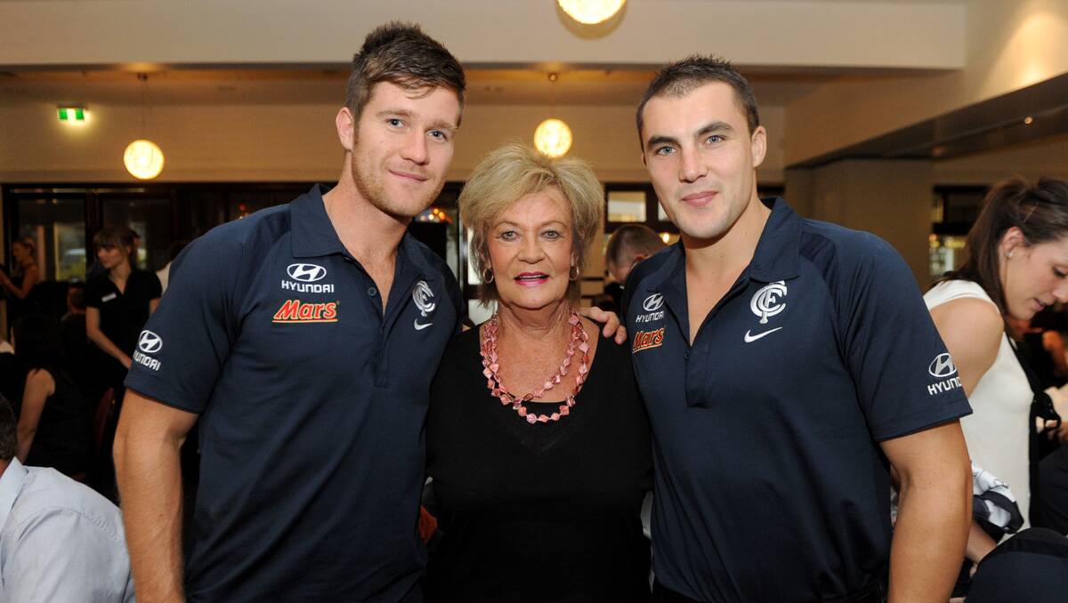 Carlton Dinner with the Stars at the All Seasons Resort. Rhys O'Keeffe and Jaryd Cachia with Merril Gregg. Picture: Jodie Donnellan