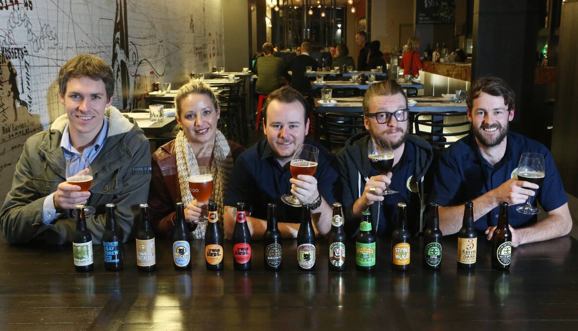 Jim Marshall, Zhoe Jess, Justin McPhail, Sam Bastian and Nick Horgan of Bendigo Beer. Picture: Peter Weaving