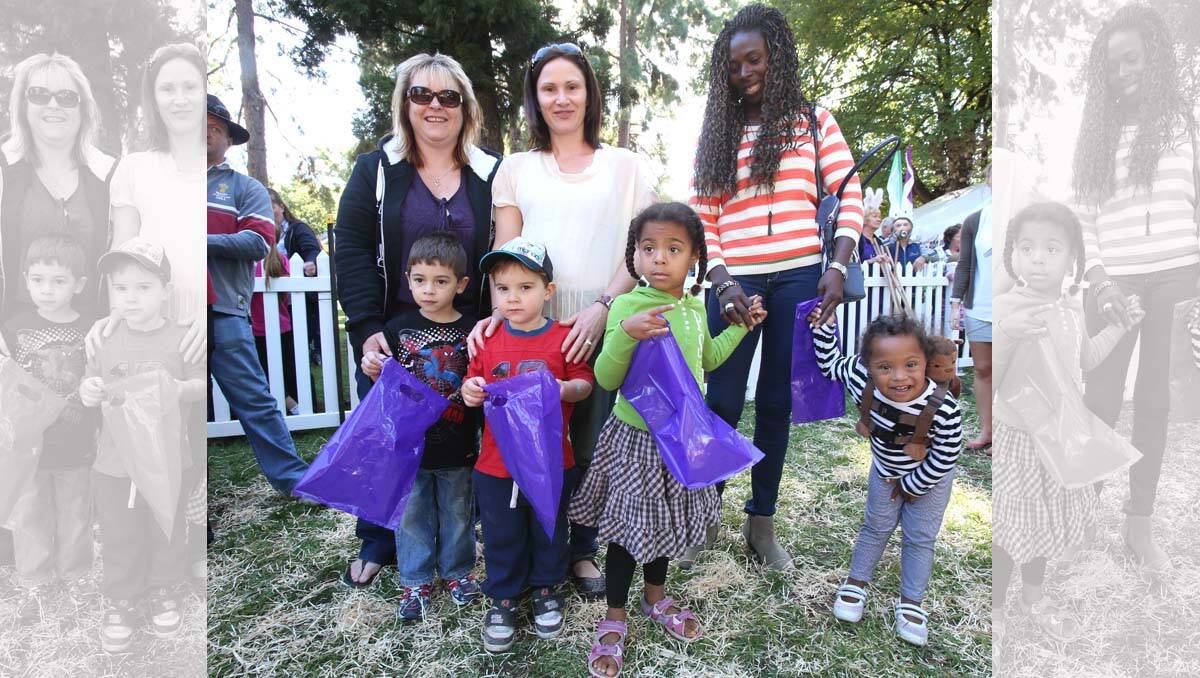2013 Bendigo Easter Festival. Vision Australia Giant Easter Egg hunt. Andrea Dickson and Marley, Melissa Bishop and Declan, Edna Boadi and twins Jessie and Ella. Picture: Peter Weaving