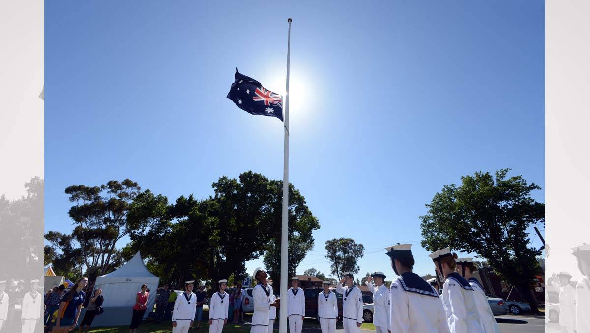 Australian Navel cadets raise the Australian Flag at Lake Weeroona. Picture: Jim Aldersey