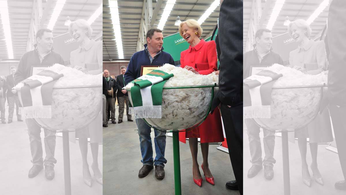 Governor-General Ms Quentin Bryce with grand champion fleece winner Michael Corkhill at the Australian Sheep and Wool Show. Picture: Peter Weaving 