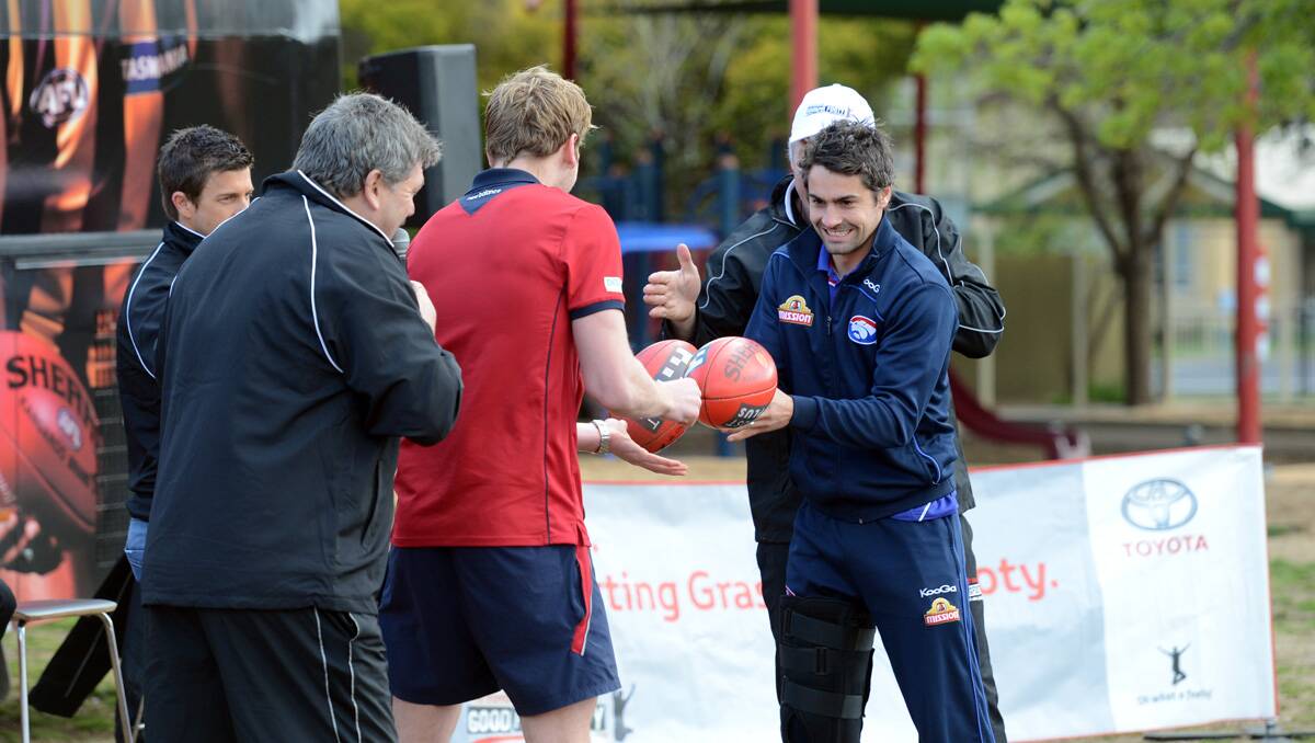 AFL Legends Footy Clinic at St Therese's Primary School. Jack Watts and Daniel Giansiracusa. Picture: Jim Aldersey