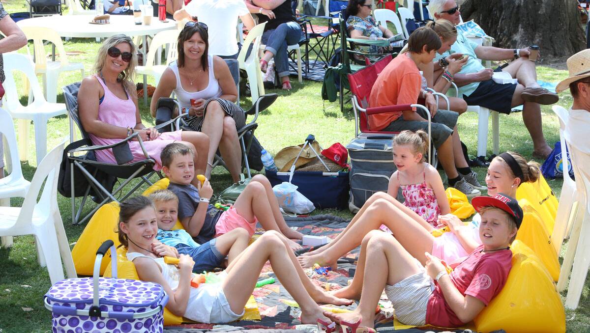 Riverboats Music Festival at Echuca. Lola Maker and Natalie Hargadon with Abby Hargadon,Tate and Sam Adie, Ebony and Balee Hargadon and Archie Adie. Picture: Peter Weaving