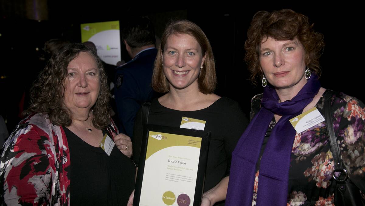 Nicole Ferrie, centre, pictured with Bendigo's Julie Oberin National Chair, Australian Women Against Violence Alliance and chief executive officer of Annie North Inc; left, and Robyn Trainor, Loddon Campaspe regional integration co-ordinator with the Centre For Non-Violence at the awards ceremony. Picture: Supplied