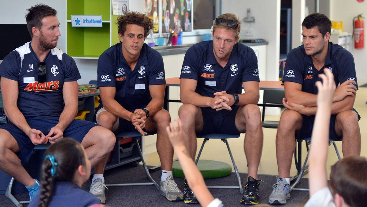 Carlton players visit Lockwood South Primary. Brock McLean, Ed Curnow, Jermy Laidler and Marcus Davies. Picture: Brendan McCarthy