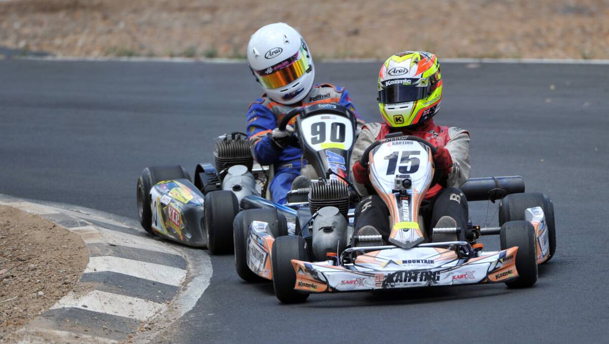 2012 Victorian Closed Championships. Bendigo's Reece Sidebottom is edged out on a corner by Braydon North. Picture: Julie Hough