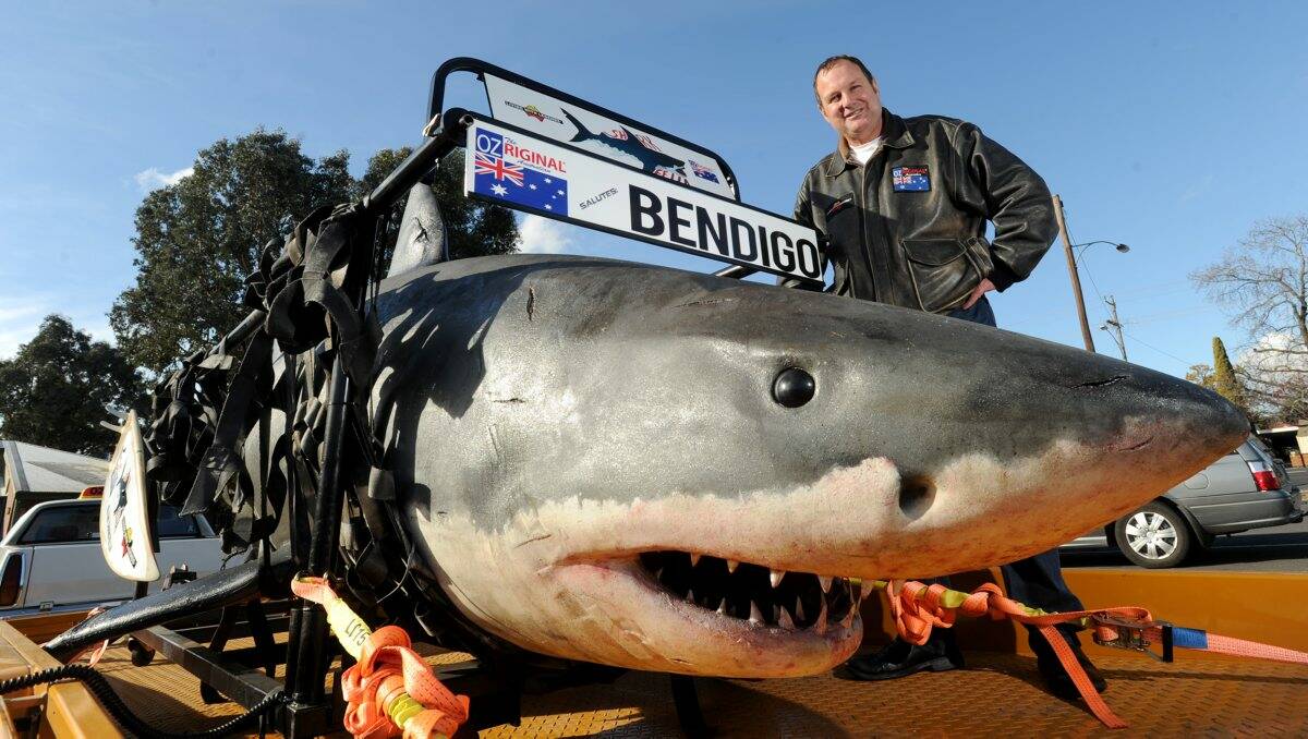 Glen Holmes with an old film prop, a great white shark, at Kangaroo Flat Rotary Club on Tuesday. Picture: Jodie Donnellan