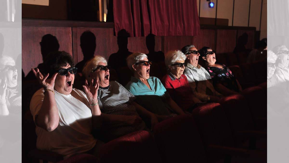 Rex Cinema volunteers Bernice Kenny, Marny Seccull, Anita Jones, Bernice Whykes, Ken Jones and Glen Porter get their first dose of 3D. Picture: Peter Weaving