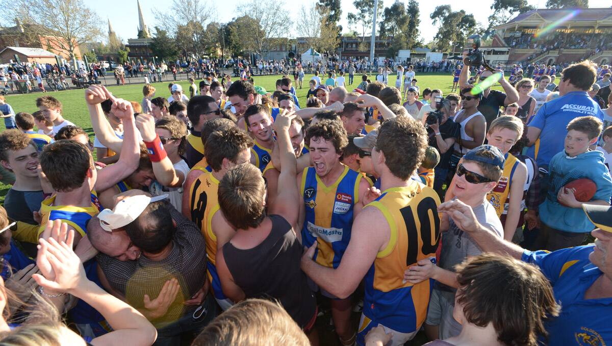 Golden Square celebrate after winning their fourth premiership in a row. Picture: Jim Aldersey