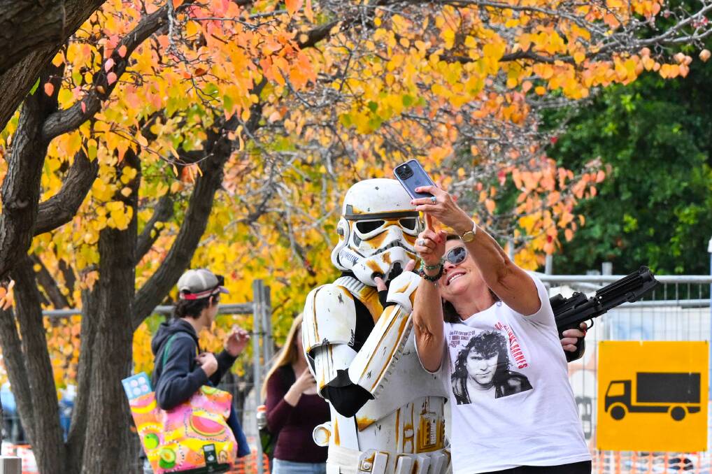 Stormtrooper selfie: cosplayer Adam Bovalino and Lynne Saunders before a Star Wars marathon at Bendigo Cinemas. Picture by Darren Howe