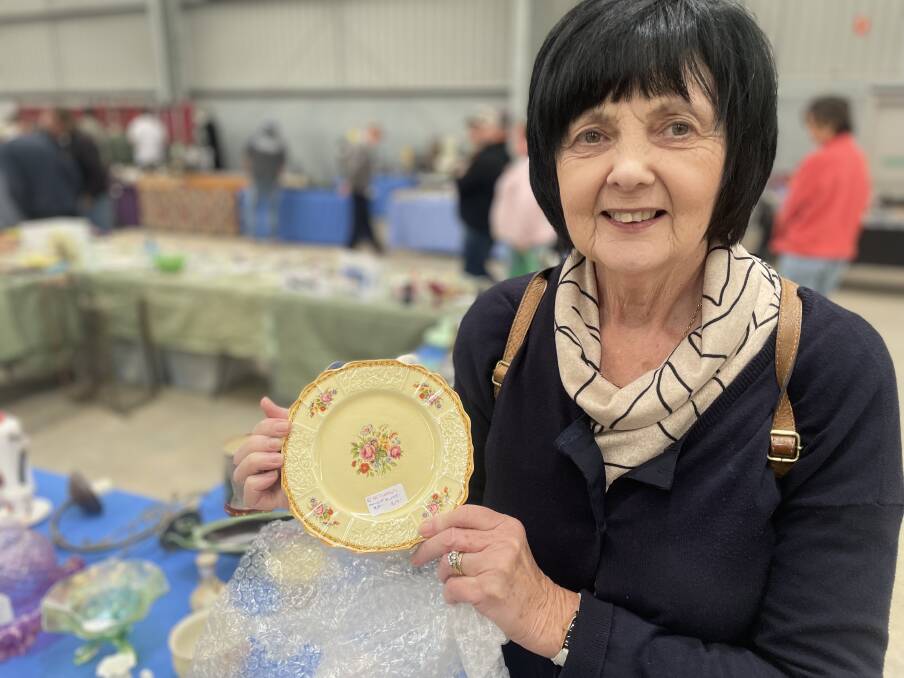 Ms Warnock with the plates she bought at the Bendigo Collectors Fair. Picture by Gabriel Rule