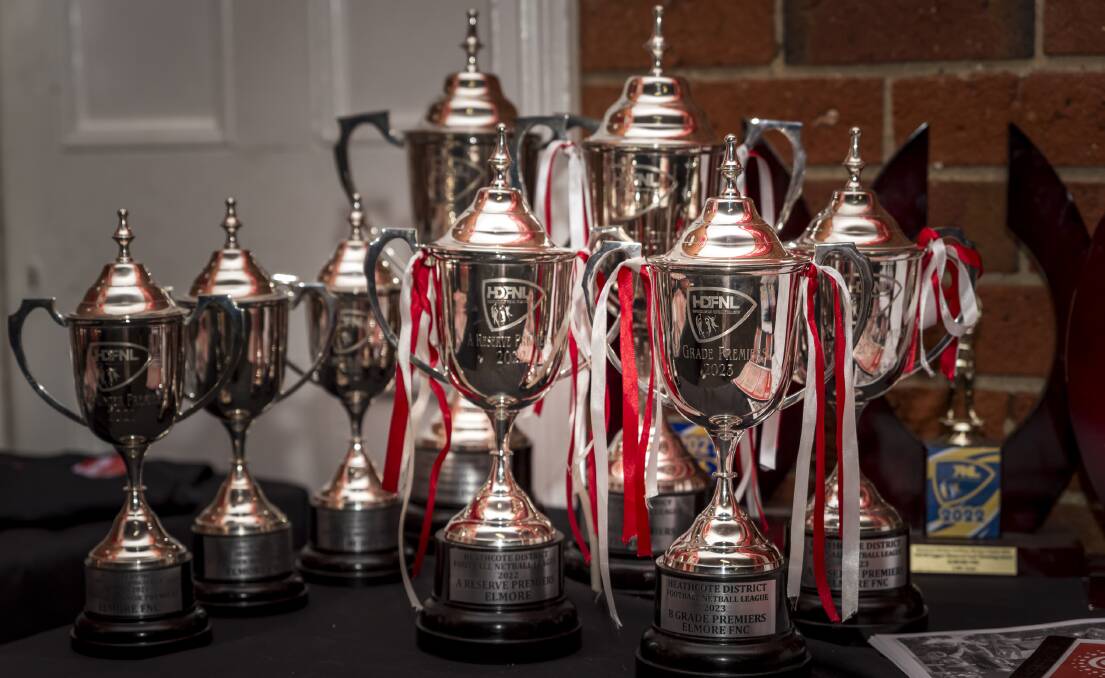 Some of the premiership clubs won by Elmore in its history. Picture by Matthew Clarkson