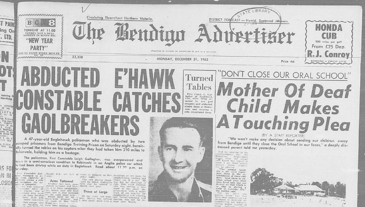 The front page of the Bendigo Advertiser on Monday, December 31, 1962, gives an extraordinary account of an arrest and kidnapping. Picture courtesy of the Bendigo Library