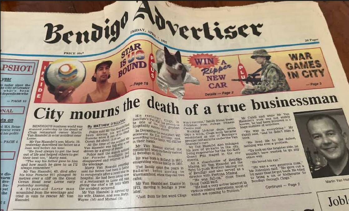 The front page of the Bendigo Advertiser on Friday, April 7, 1995, the day after a crash that killed popular businessman Marin van Haandel.