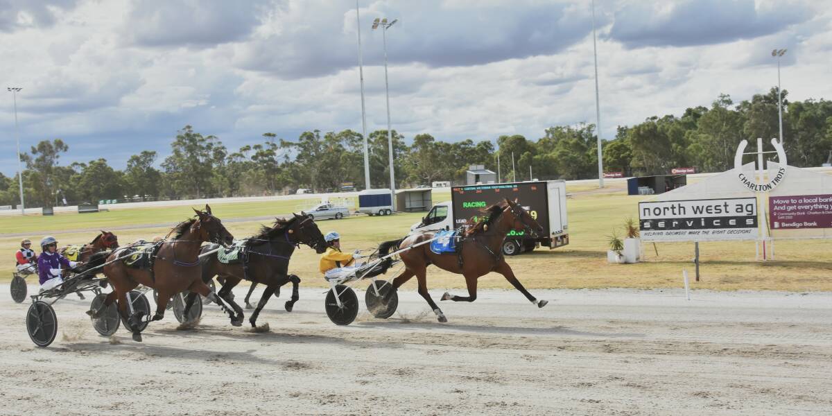 Kyvalley Heist, driven by Tristan Larsen, wins the Central Victorian Trotters Championship Final at Charlton on Sunday. Picture by Peter Hibberd